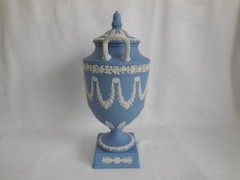 1968 Wedgwood Blue Jasperware Erato & Urania 11.5″ Tall Urn w/ chip underneath