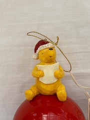 Vintage Disney Classic Santa Pooh Sitting on Large Jingle Bell Ornament 5.5″ EUC