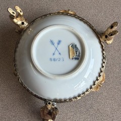 Antique Small Raised Meissen Bowl In Bronze Setting Footed 3 Cherubs 5″ Stunning