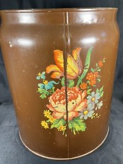 VTG Hand Painted CANCO Toleware Metal Trashcan / Can Floral Roses Brown 13”