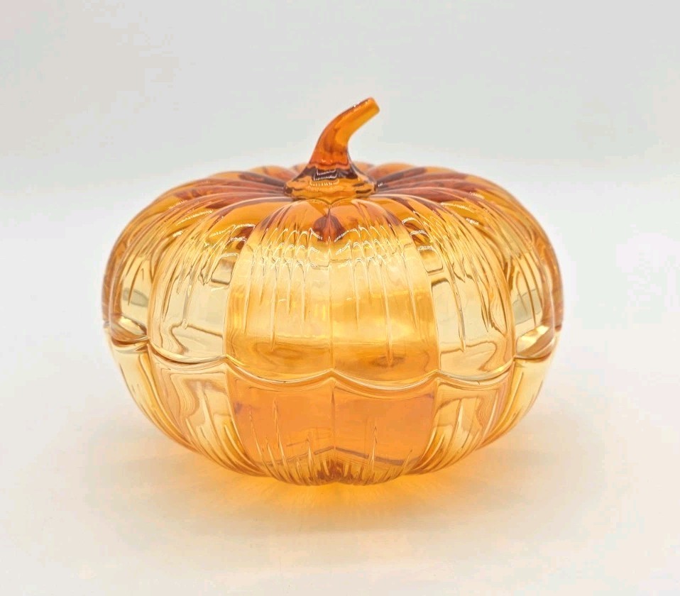 Marquis By Waterford Crystal 8″ Orange Pumpkin Lidded Candy Dish Bowl Halloween