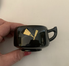 Black Gold Plastic Lacquerware Japan Demitasse 4 Coffee Cups & Saucers 3 Spoons