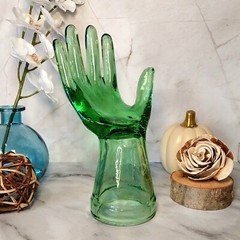 Green Depression Style Glass Hand Ring Holder, Jewelry Box, VTG Style, Retro