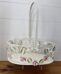Vintage Tole Style Rose Basket Metal Shabby Chic Cottage Decor