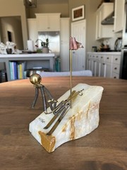 Vintage John DeMott Signed Metal Downhill Skier Sculpture Quartz Base 8.5” Tall