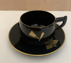 Black Gold Plastic Lacquerware Japan Demitasse 4 Coffee Cups & Saucers 3 Spoons