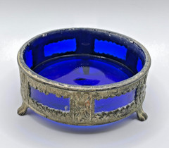 Vintage Art Nouveau Silver Over Pewter Lidded Candy Bowl Cobalt Blue Glass