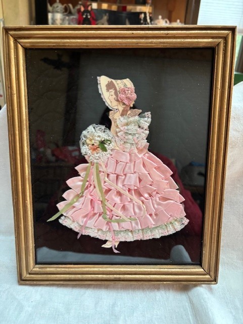vintage lovely lady dressed in folded ribbons VERY nice gold frame/pink outfit