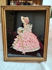 vintage lovely lady dressed in folded ribbons VERY nice gold frame/pink outfit