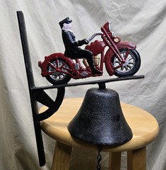 Cast Iron Motorcycle Dinner Door Bell Hand Painted Red Motorcycle Rider