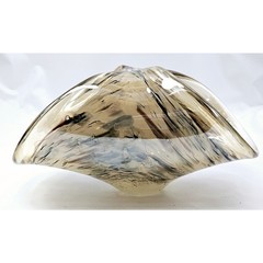 Vintage Folded Hand Blown Art Glass Centerpiece Bowl Murano Style Tan Black Grey