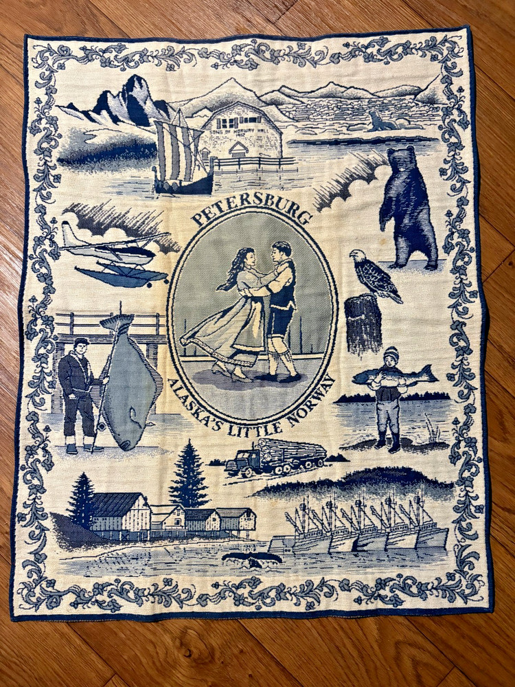 Vintage Wall Hanging Blue White Alaska Little Norway Fish Bear Boat Plane
