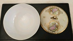 Vintage Lefton China Gold Green Victorian Couple Lidded Dish Footed 1616