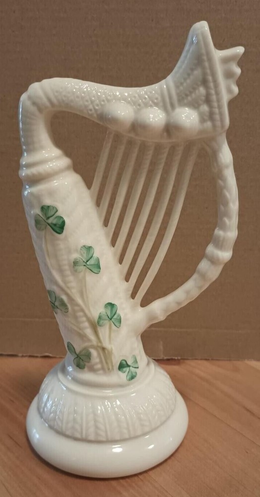 Vintage Belleek 6” Shamrock Harp handmade in Ireland 7th Gold Mark Excellent