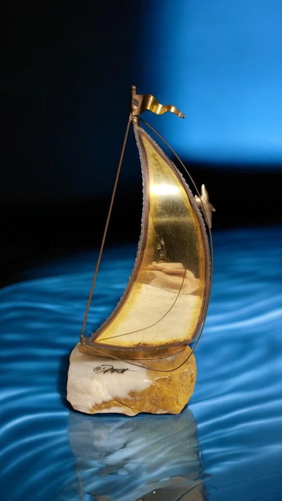John Demott Signed Single Sail Brass Sailboat Mounted Onyx Stone w/ Seagull VTG