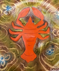 Mid-Century Modern Enamel on Copper Square Plate Trinket Dish Lobster Crawfish
