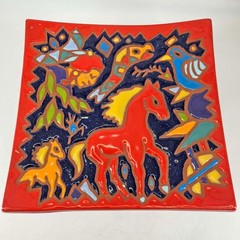 Folk art pottery hand painted platter centerpiece decor bird horses