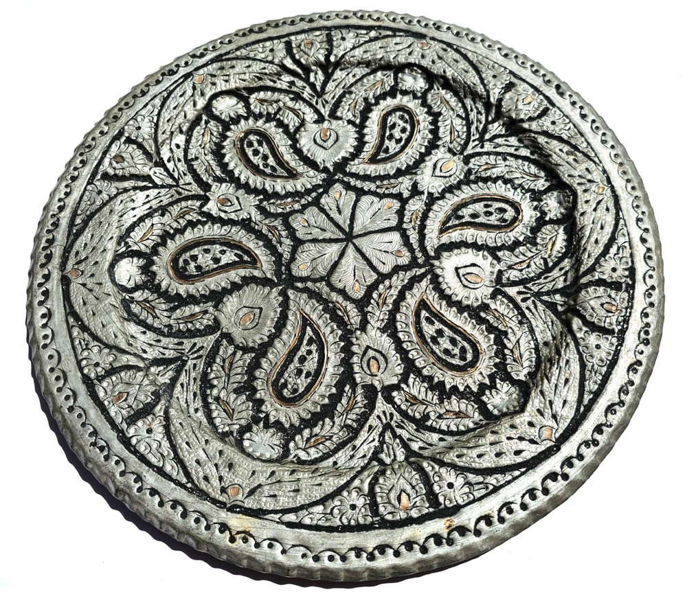 Vintage Islamic Turkish Hand Chased Heavy Hanging Platter, 15 1/2 in x 15 1/2 in