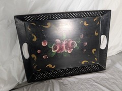 Old Vintage Hand Painted Tole Tray Floral Tin Roses Metal Shabby Farmhouse Black