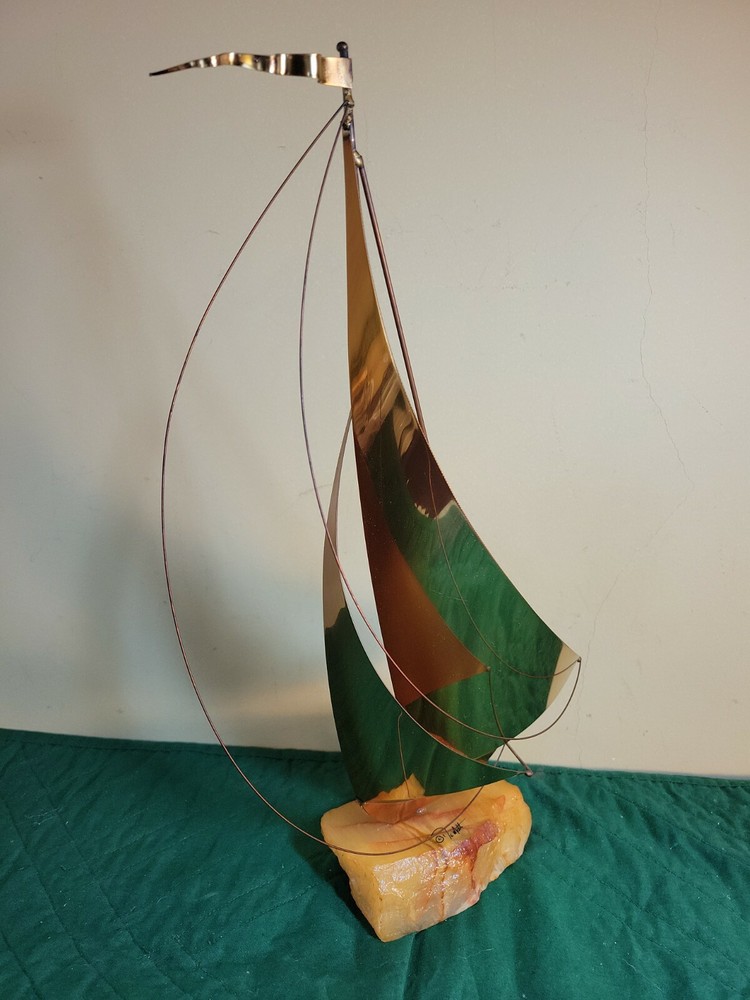 DeMott Brass 16″ x 10″ Sailboat w/Onyx Base Statue-Artist Signed Sailer Mancave