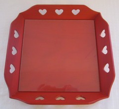 Vtg NEW Swedish Red Wood Tray with Heart Cut Outs Scandinavian Folk Art 9 X 9