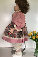 Vintage 28″ Porcelain Toddler Doll Brown Hair Eyes Pink Dress Floral Pinafore
