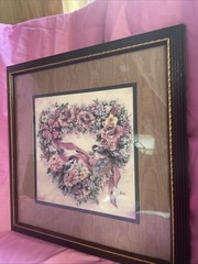 Vintage 1990s Home Interior Picture Pink Rose Heart Wreath