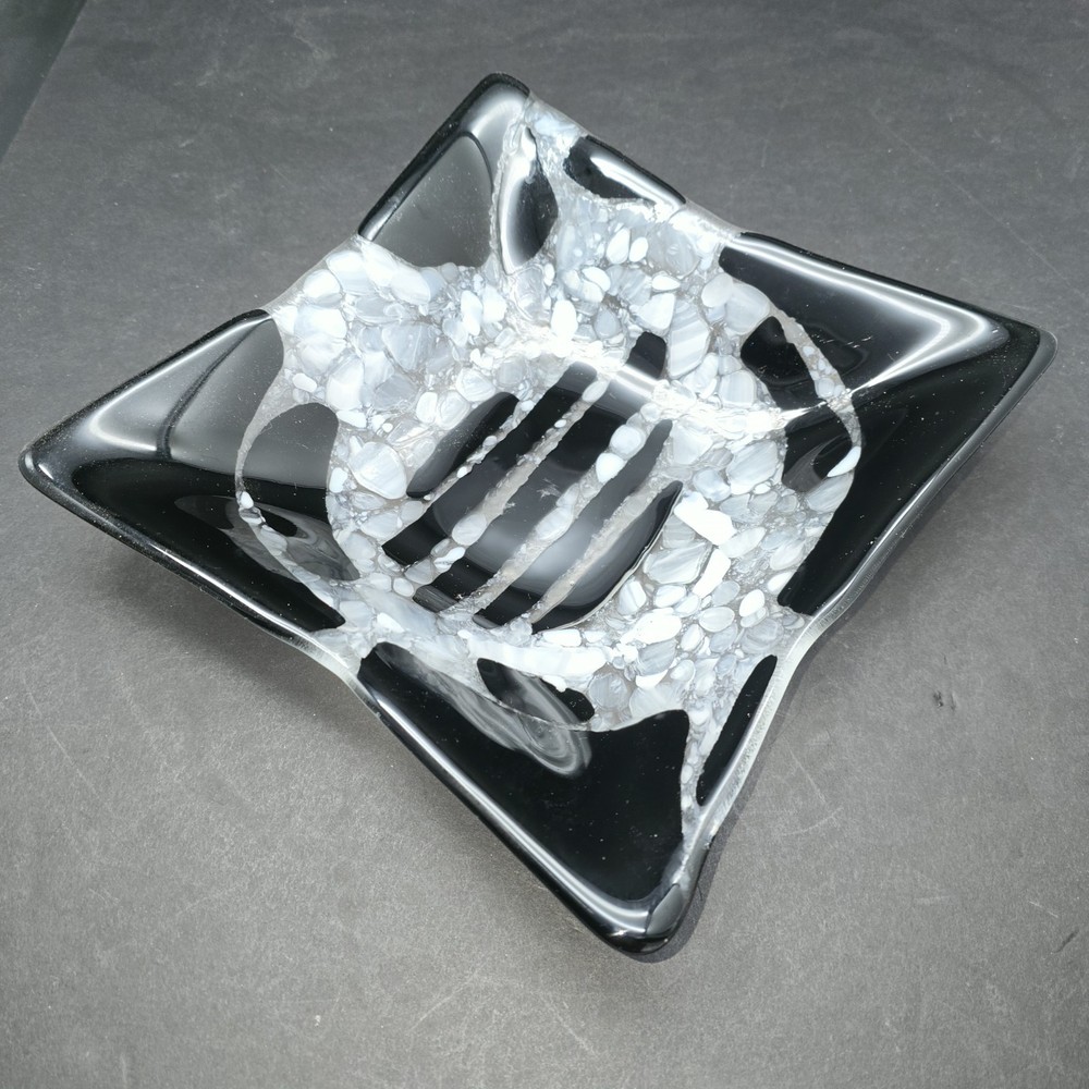 Fused Glass Black White & Gray Pebble Pebble Studio Art Glass Dish 12″