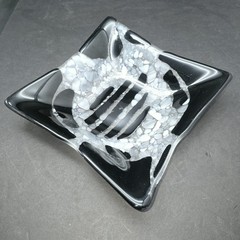 Fused Glass Black White & Gray Pebble Pebble Studio Art Glass Dish 12″