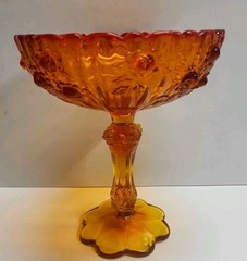 Vintage Amberina Glass Fenton Cabbage Roses Compote Pedestal Candy Dish 7.5″