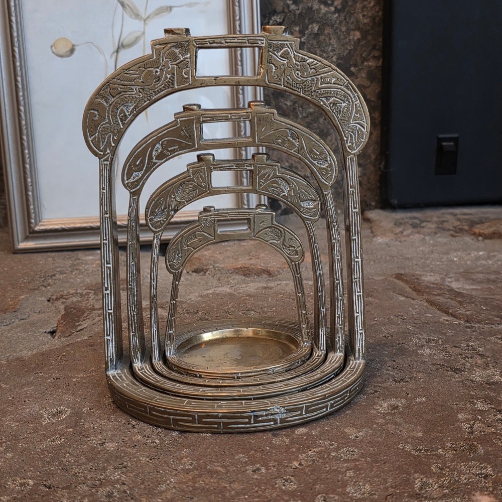 Heavy Solid Brass Nesting Baskets Stirrups Asian Aged Patina Intricate Design