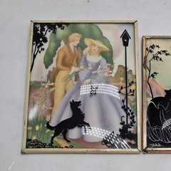 PAIR of Reverse Painted Couple Romance Silhouettes on Convex Glass 1940 VINTAGE.