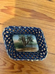 Antique Souvenir Cobalt Blue Basket Weave Dish Wurtsboro,NY Made In Germany