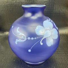 Vintage Bohemian Hand Blown Art Glass Enameled Flower Paint Vase Bowl Blue VTG