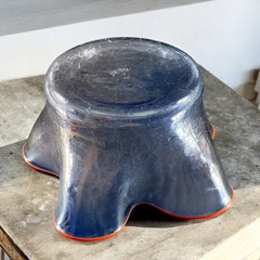 Boatman Studio Art Glass Hand Blown Bowl Dish Crackle Blue Glass Red Edges VTG