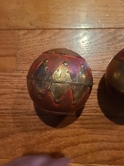 (2) Vintage Decorative Balls Brown Wood Sphere Embossing Brass Metal Inlay