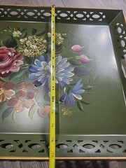 Large Vintage Hand Painted Toleware Tray Black Reticulated Floral Signed 50s 60s