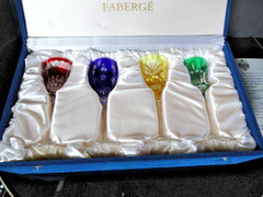 Faberge Na Zdorovye Crystal Colored Cordial Glasses 5 3/4″ H x 2″ at rim NIB