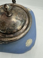 Rare Wedgwood Blue Jasperware Biscuit Barrel Square Metal Lid England 5 3/4” Sq