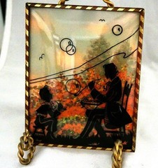 Pair 1940 Convex Benton Glass Matching Silhouettes 4×5” Picking Flowers Bubbles