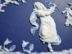 WEDGWOOD LIKE RARE DARK BLUE DIP PLAQUE OF CUPIDS & BOY TAMBORINE, GIRL TRIANGLE