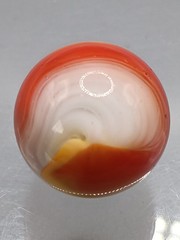 .76″ Akro Corkscrew Popeye Red, Yellow, White Shooter Marble- #CE136