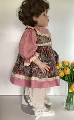 Vintage 28″ Porcelain Toddler Doll Brown Hair Eyes Pink Dress Floral Pinafore
