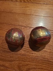 (2) Vintage Decorative Balls Brown Wood Sphere Embossing Brass Metal Inlay