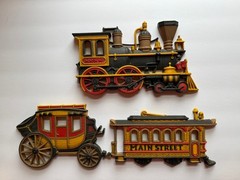 Vintage 1975 Homco Wall Plaques Train, Stagecoach, Trolley 7363, 7362, 7361, USA