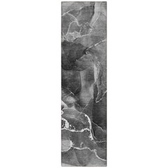 8′ Runner Black Gray and White Abstract Washable Non Skid Indoor Outdoor Rug
