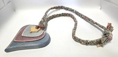 Cottagecore Blue Pink Wood Hearts Rabbit Hang Decor Braided Fabric Vtg Necklace