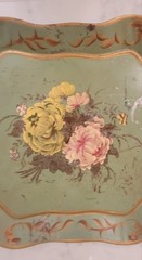 VTG Hand Painted Floral Serving Tole Tray Olive Green Stand Cottage Core Shabby