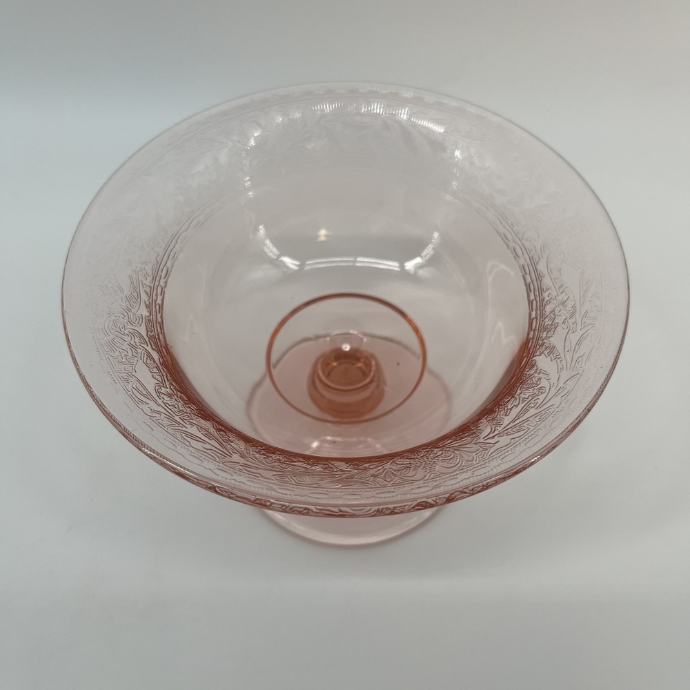 Pink Depression Glass Etching on Rim Pedestal/Footed Compote Candy/Dessert Dish