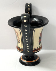 Vintage Greek Double Handled Terracotta Kantharos Vase Signed 5″H Hand Painted